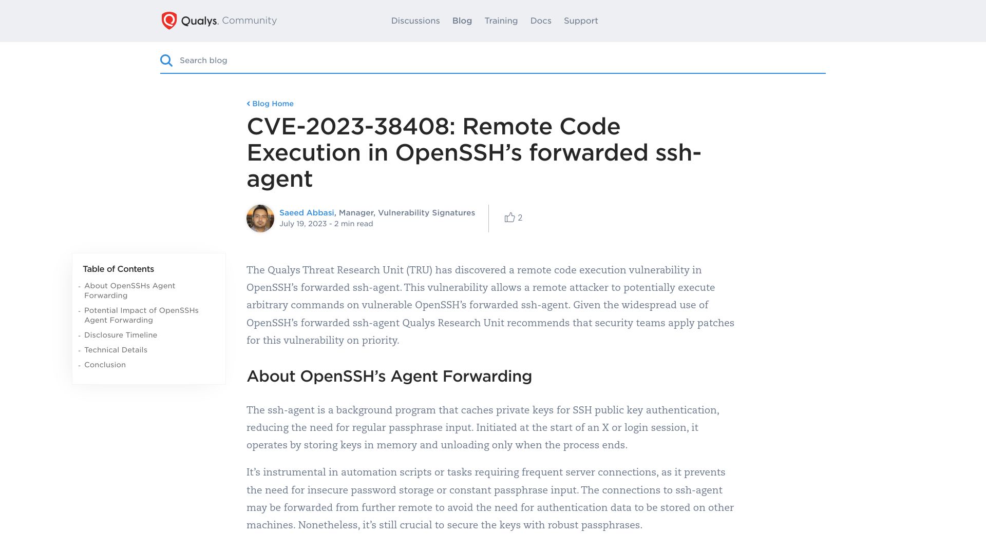 Screenshot of blog.qualys.com: Remote code execution in OpenSSH’s forwarded SSH-agent