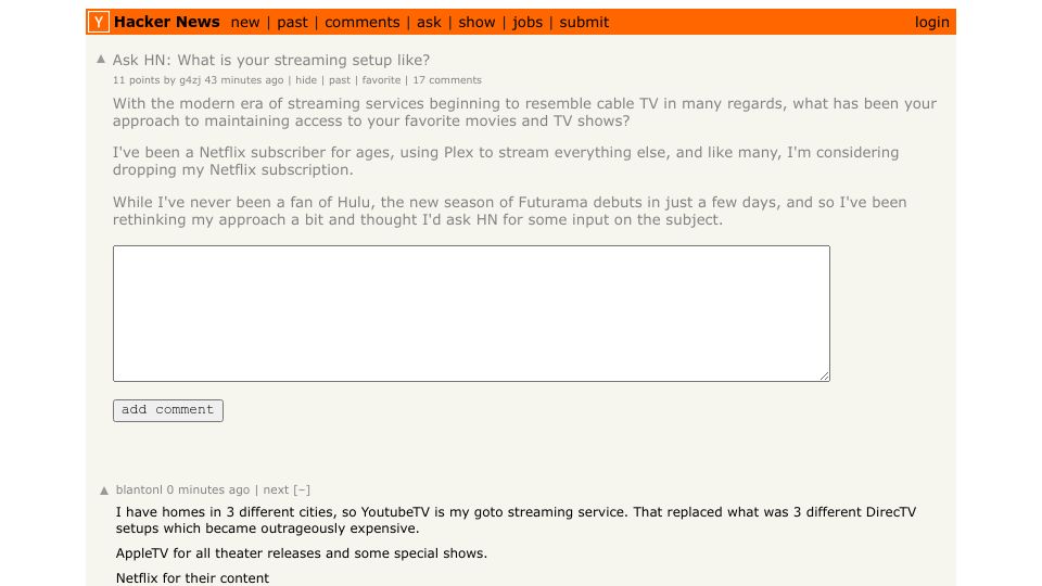 Screenshot of Hacker News post: Ask HN: What is your streaming setup like?