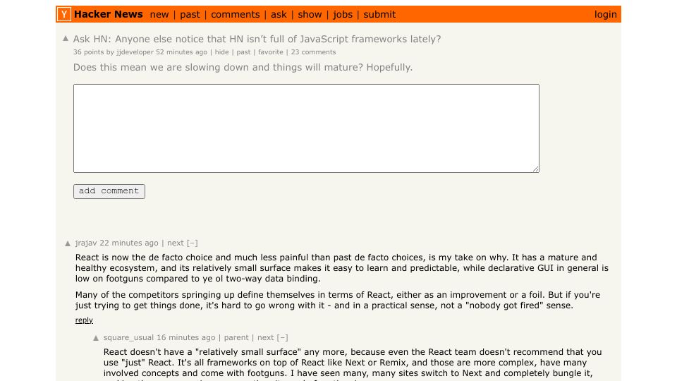 Screenshot of Hacker News post: Ask HN: Anyone else notice that HN isn’t full of JavaScript frameworks lately?