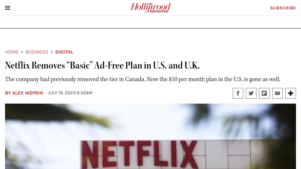 Screenshot of hollywoodreporter.com: Netflix Removes “Basic” Ad-Free Plan in U.S. and U.K