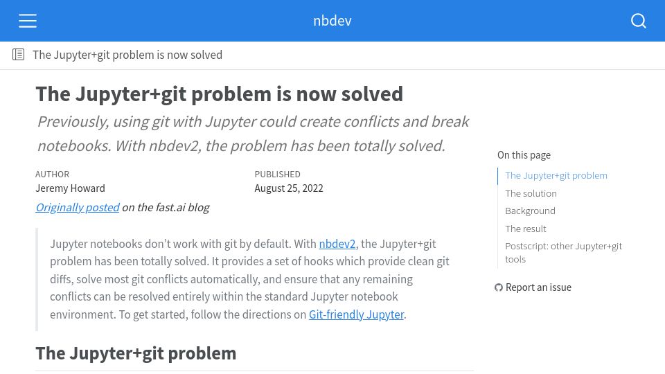 Screenshot of nbdev.fast.ai: The Jupyter+Git problem is now solved (2022)