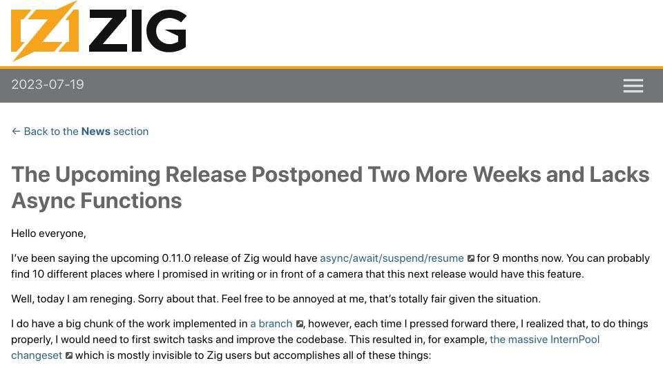 Screenshot of ziglang.org: Zig: Upcoming release postponed two more weeks and lacks async functions