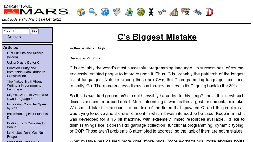Screenshot of digitalmars.com: C’s Biggest Mistake (2009)