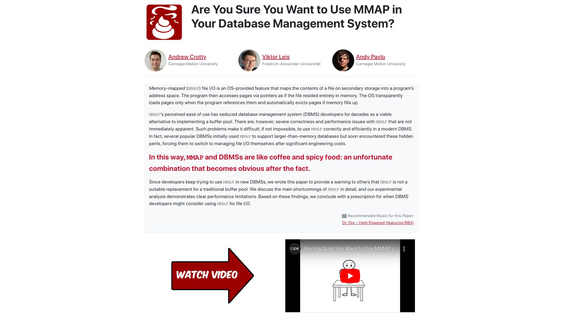 Screenshot of db.cs.cmu.edu: Are You Sure You Want to Use MMAP in Your Database Management System? (2022)