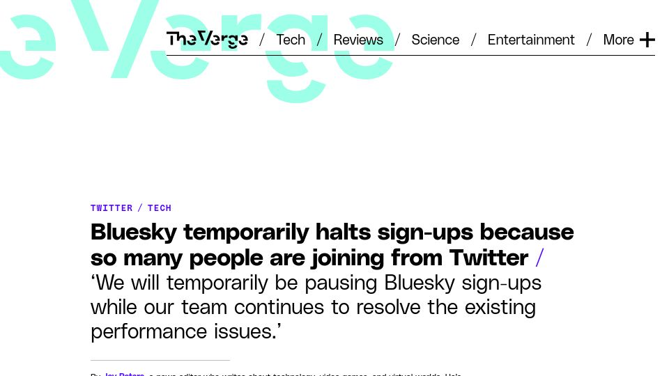 Screenshot of theverge.com: Bluesky temporarily halts sign-ups