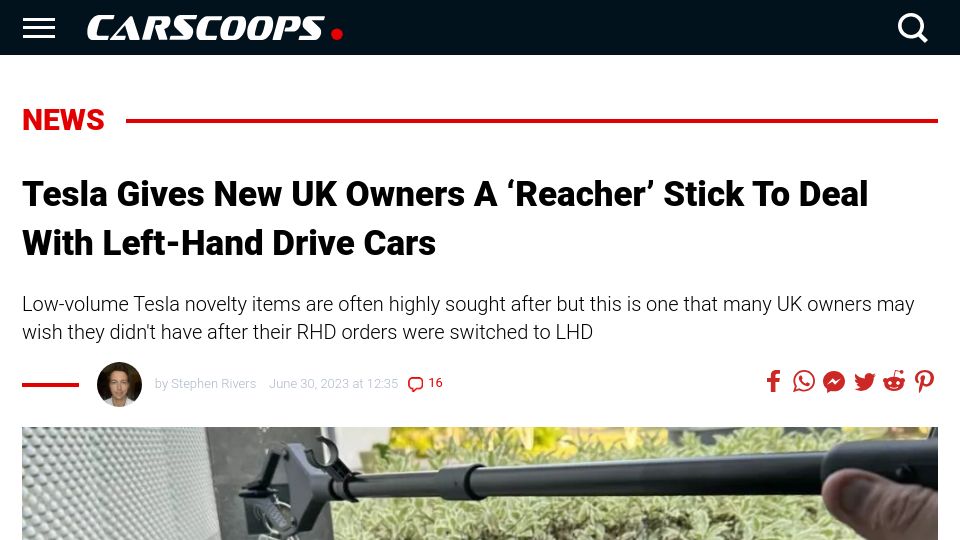 Screenshot of carscoops.com: Tesla Gives New UK Owners a ‘Reacher’ Stick to Deal with Left-Hand Drive Cars