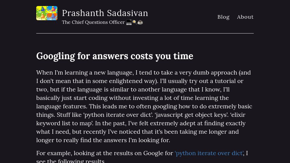 Screenshot of prashanth.world: Googling for answers costs time (2020)