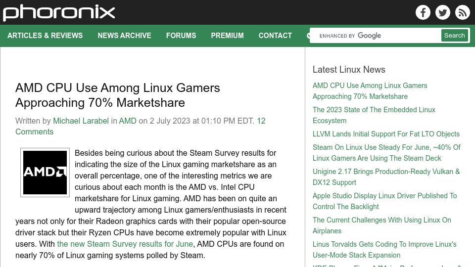Screenshot of phoronix.com: AMD CPU Use Among Linux Gamers Approaching 70% Marketshare