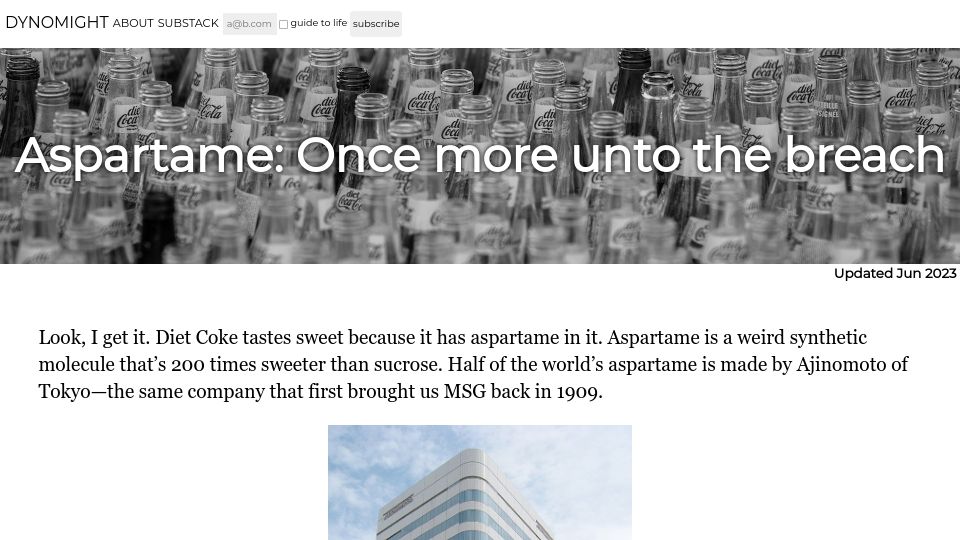 Screenshot of dynomight.net: Aspartame: Once More Unto the Breach