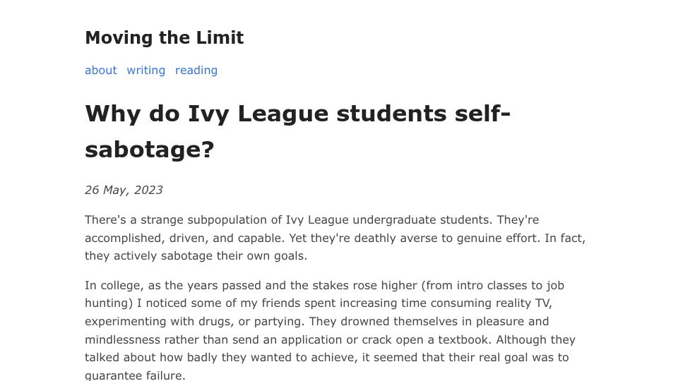 Screenshot of movingthelimit.com: Why do Ivy League students self-sabotage?