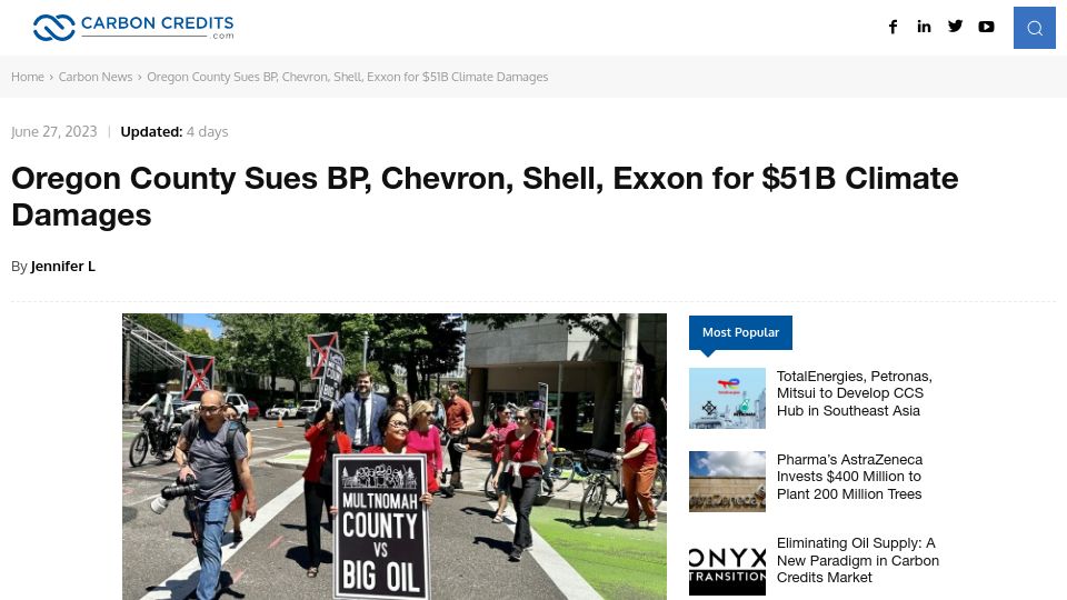 Screenshot of carboncredits.com: Oregon County Sues BP, Chevron, Shell, Exxon for $51B Climate Damages