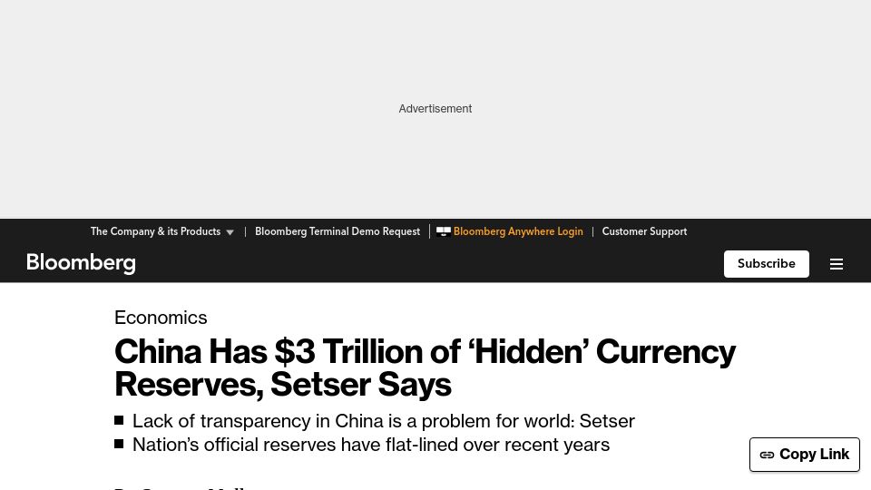 Screenshot of bloomberg.com: China Has $3T of ‘Hidden’ Currency Reserves, Setser Says
