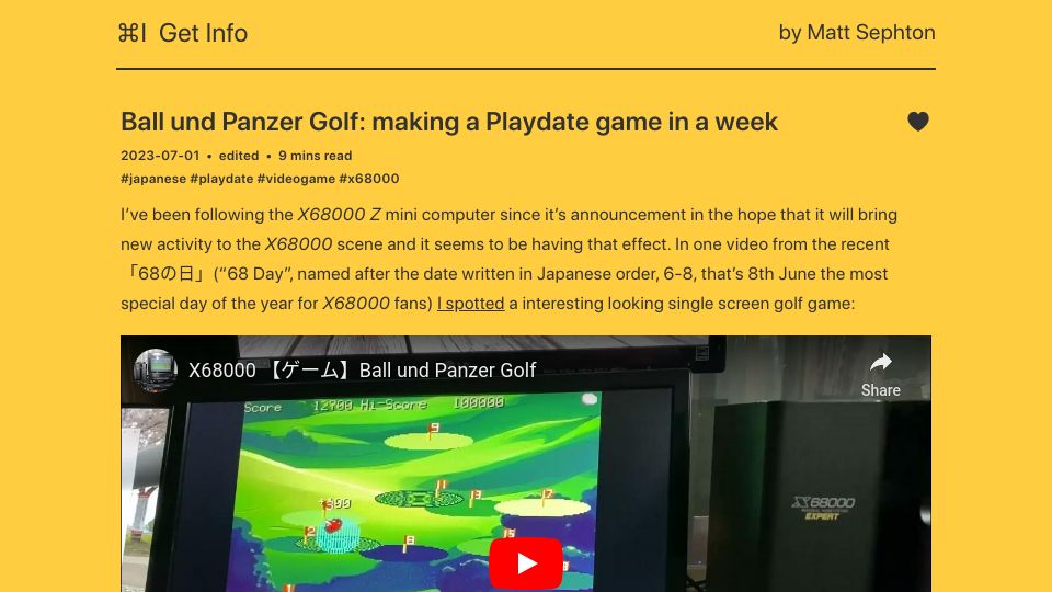 Screenshot of blog.gingerbeardman.com: Ball und Panzer Golf: making a Playdate game in a week