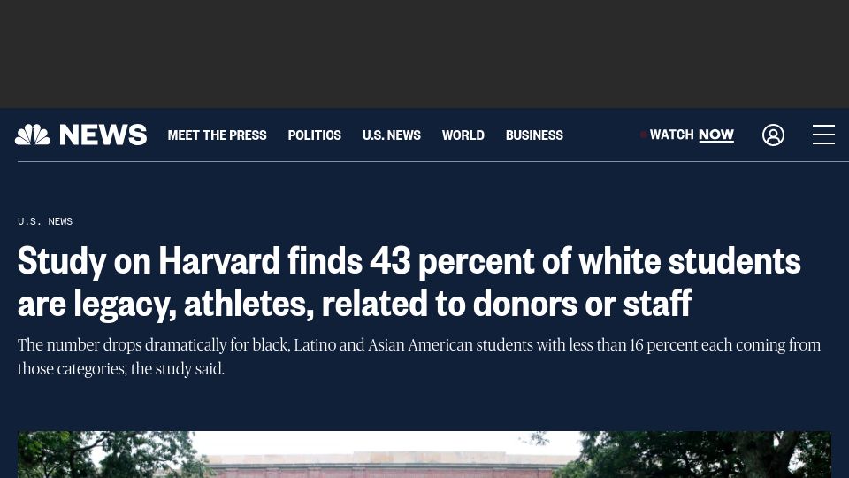 Screenshot of nbcnews.com: 43% of white Harvard students are legacy, athlete, or donor/staff related (2019)