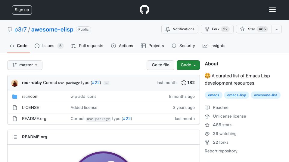 Screenshot of github.com: A curated list of Emacs Lisp development resources
