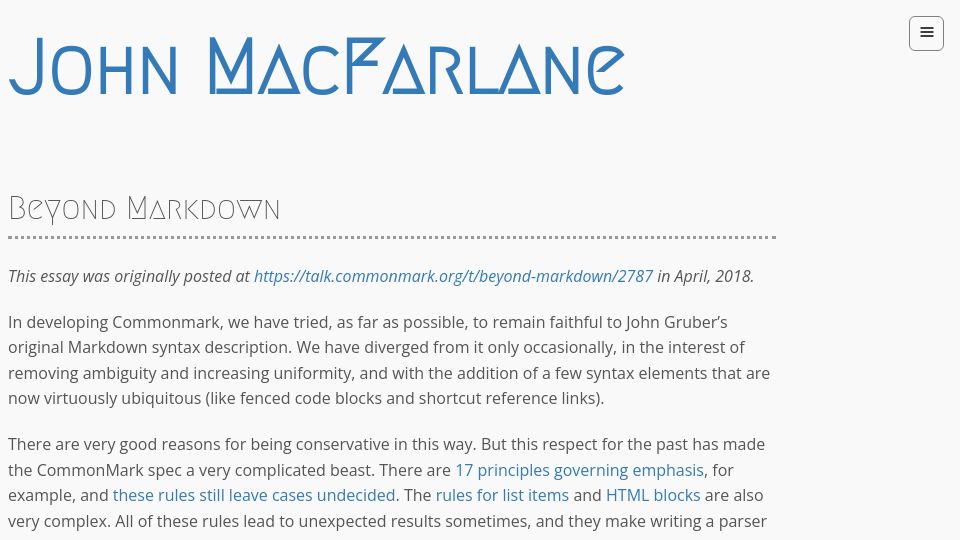 Screenshot of johnmacfarlane.net: Beyond Markdown (2018)