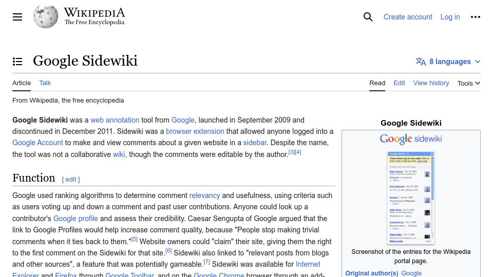 Screenshot of en.wikipedia.org: Google Sidewiki