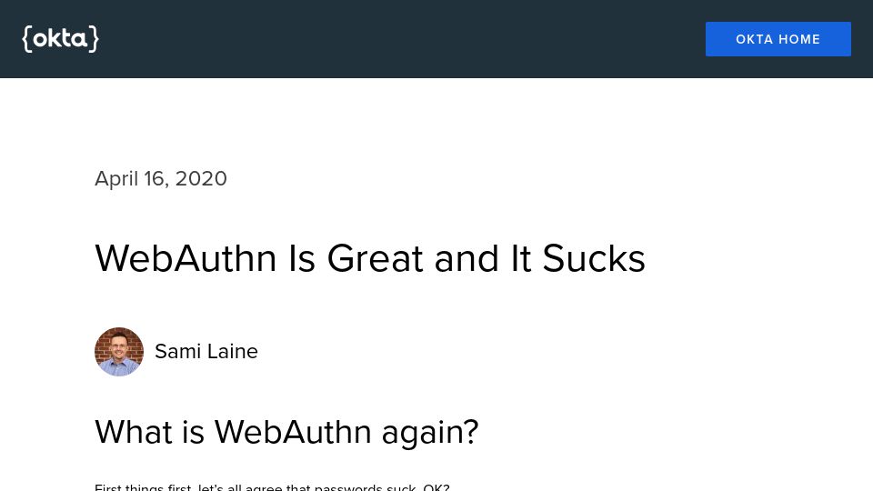 Screenshot of sec.okta.com: WebAuthn Is Great and It Sucks (2020)