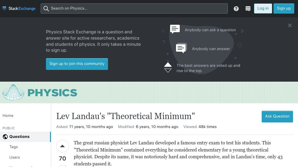 Screenshot of physics.stackexchange.com: Lev Landau's “Theoretical Minimum”