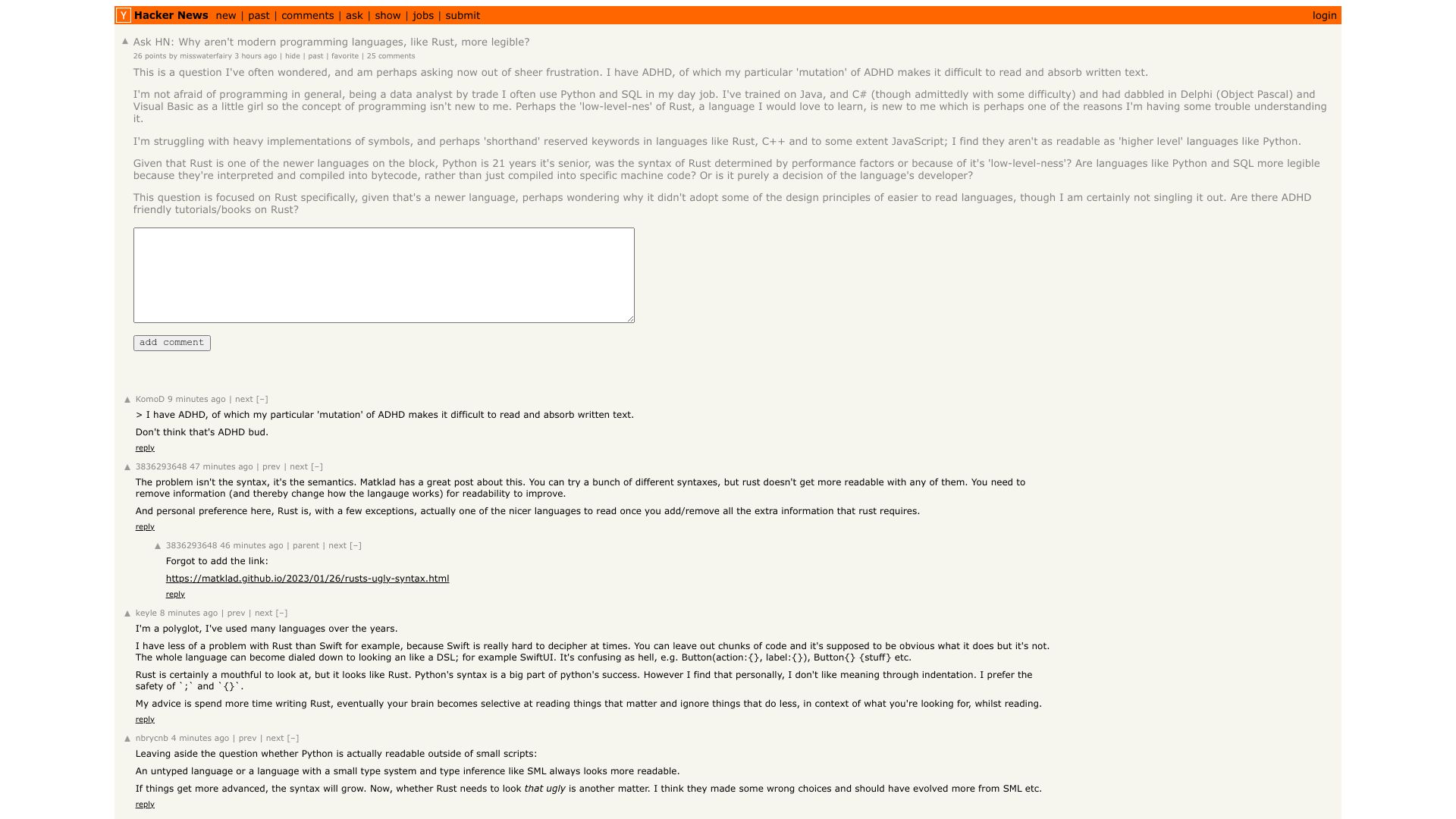 Screenshot of this Hacker News post: Ask HN: Why aren't modern programming languages, like Rust, more legible?