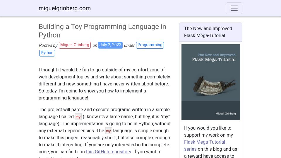 Screenshot of blog.miguelgrinberg.com: A toy programming language in 137 lines of Python code