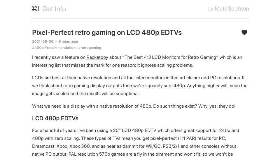 Screenshot of blog.gingerbeardman.com: Pixel-Perfect retro gaming on LCD 480p EDTVs