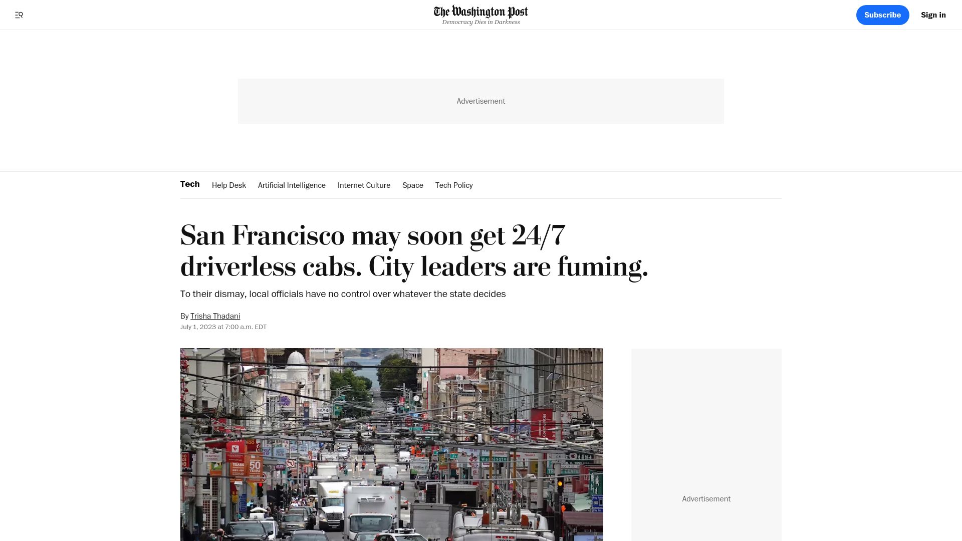 Screenshot of washingtonpost.com: San Francisco may soon get 24/7 driverless cabs. City leaders are fuming