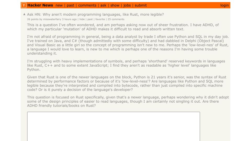 Screenshot of Hacker News post: Ask HN: Why aren't modern programming languages, like Rust, more legible?