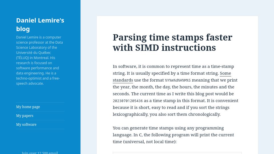 Screenshot of lemire.me: Parsing time stamps faster with SIMD instructions
