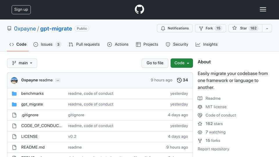 Screenshot of github.com: GPT-Migrate converts repos from one lang/framework to another