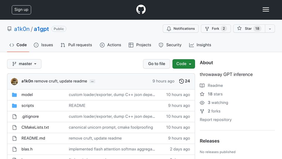Screenshot of github.com: C++ GPT-2 inference engine