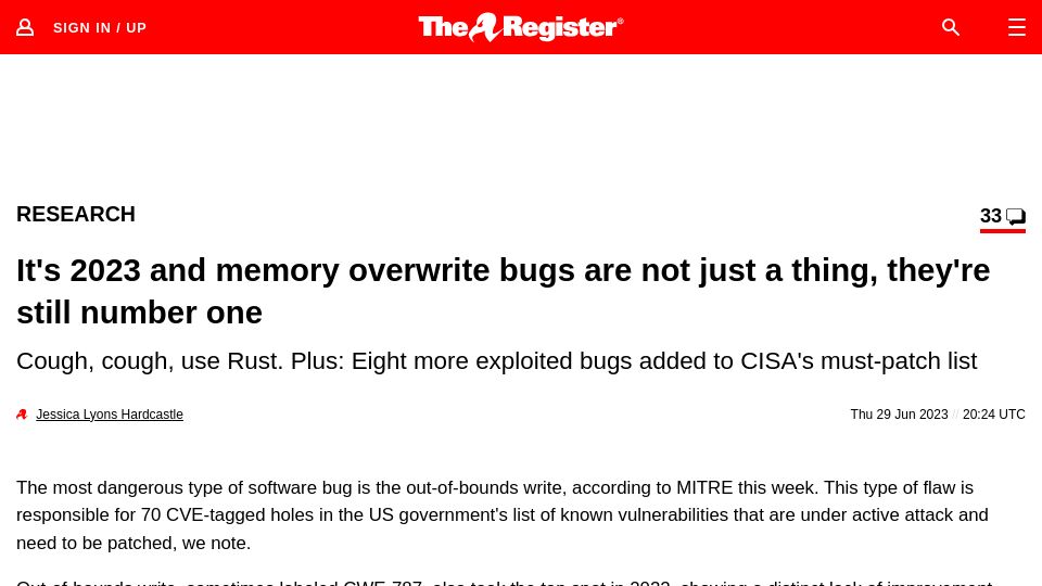 Screenshot of theregister.com: It's 2023 and memory overwrite bugs are not just a thing theyre still number one