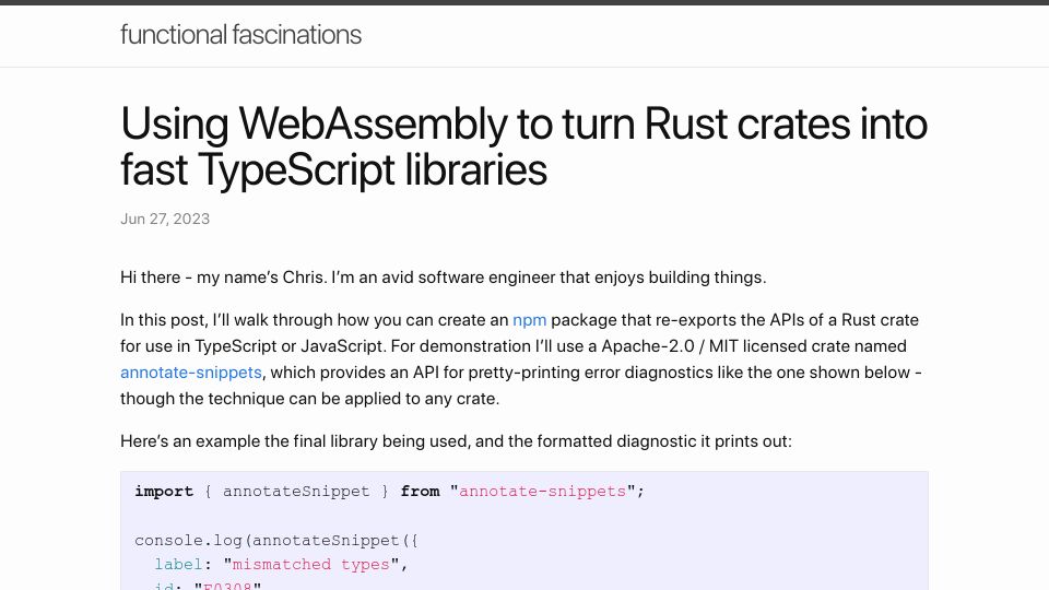 Screenshot of rybicki.io: Using WebAssembly to turn Rust crates into fast TypeScript libraries