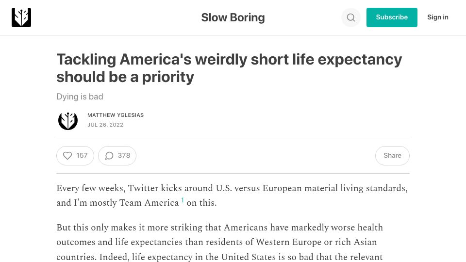Screenshot of slowboring.com: Tackling America's weirdly short life expectancy should be a priority