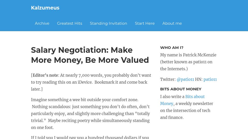 Screenshot of kalzumeus.com: Salary Negotiation: Make More Money, Be More Valued