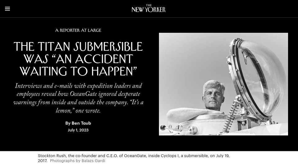 Screenshot of newyorker.com: The Titan Submersible Was “An Accident Waiting to Happen”