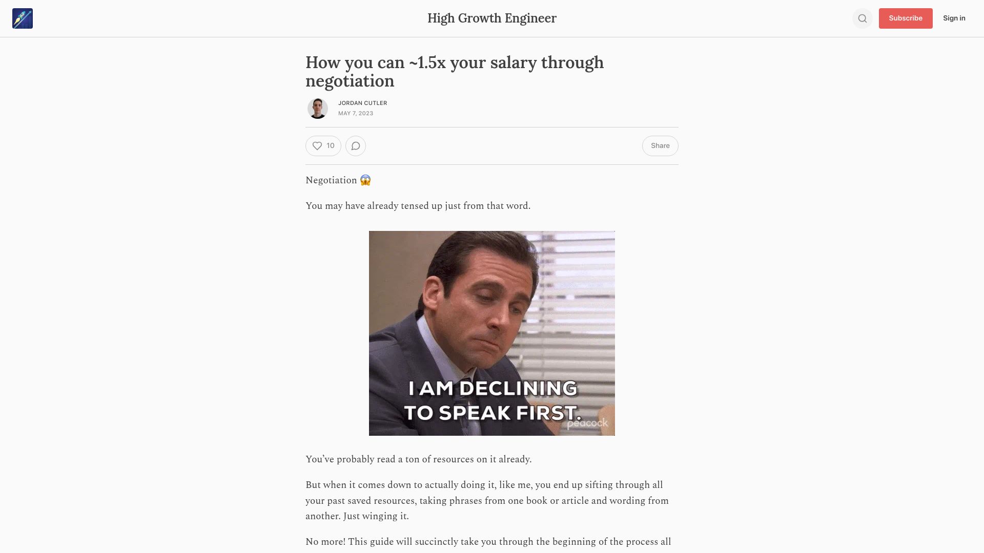 Screenshot of careercutler.substack.com: How to 1.5x your salary through negotiation
