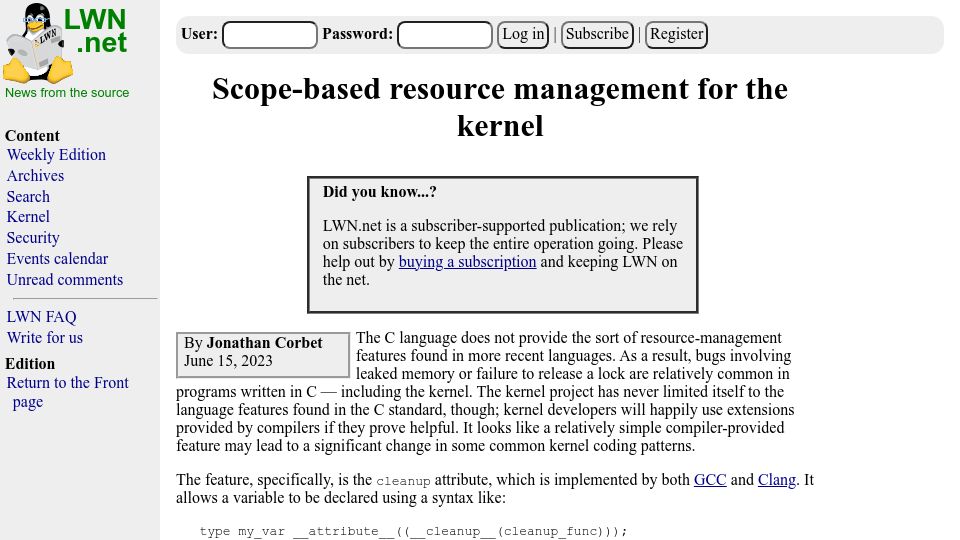 Screenshot of lwn.net: Scope-based resource management for the Linux kernel