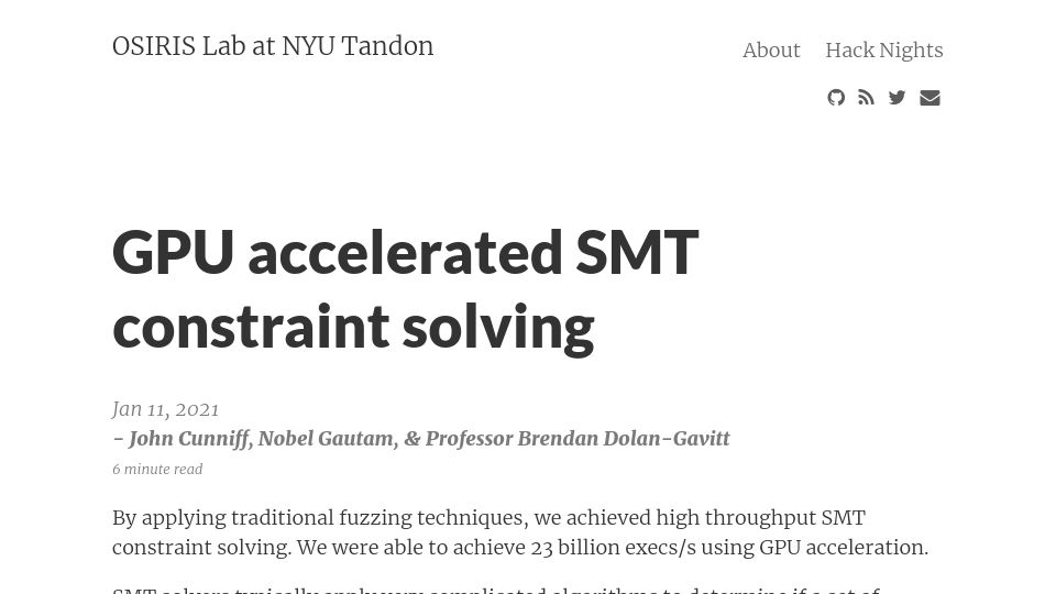 Screenshot of blog.osiris.cyber.nyu.edu: GPU accelerated SMT constraint solving (2021)