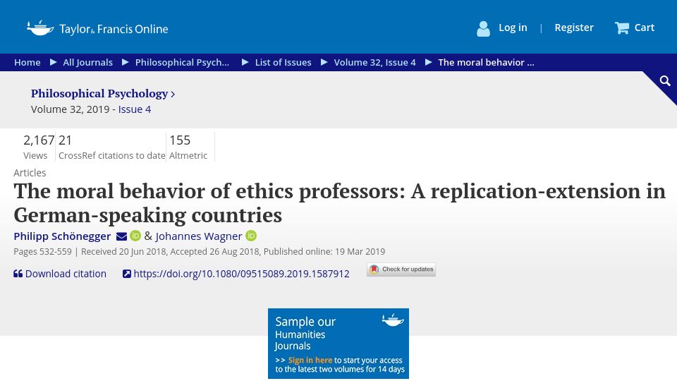 Screenshot of tandfonline.com: The moral behavior of ethics professors: A replication-extension (2018)