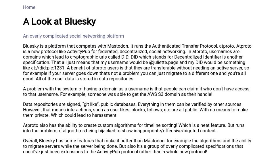 Screenshot of juliette.page: A Look at Bluesky