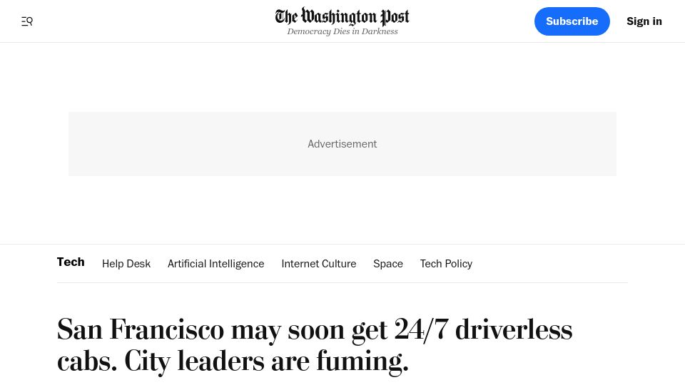 Screenshot of washingtonpost.com: San Francisco may soon get 24/7 driverless cabs. City leaders are fuming