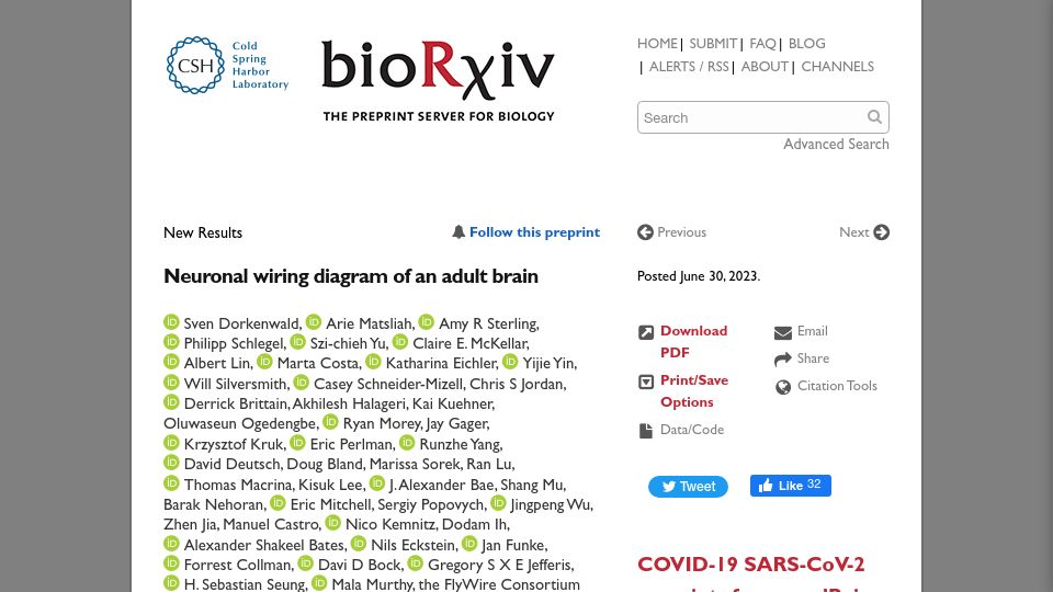 Screenshot of biorxiv.org: Neuronal wiring diagram of an adult brain