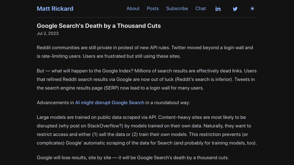 Screenshot of matt-rickard.com: Google search's death by a thousand cuts