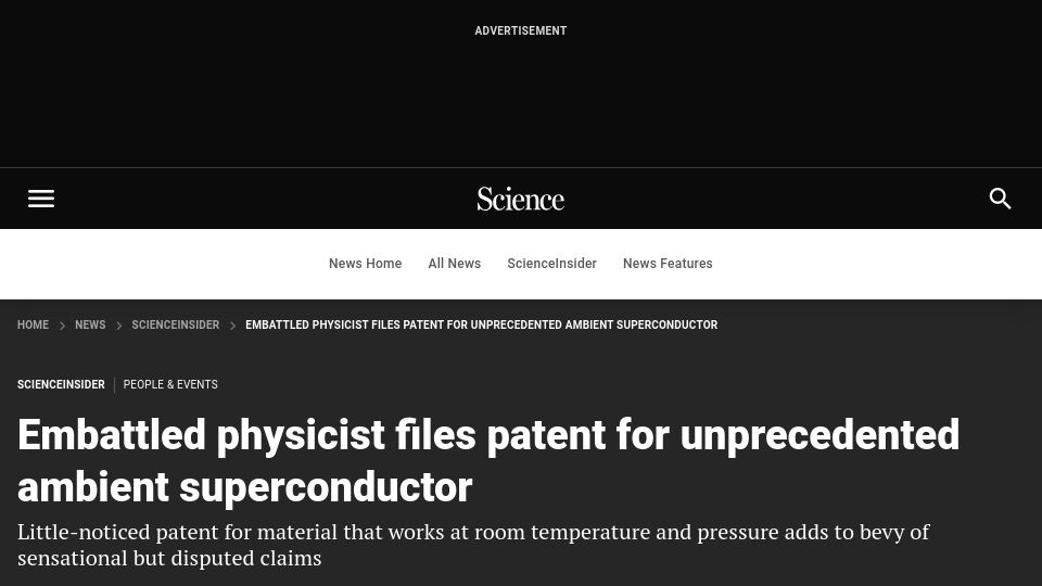 Screenshot of science.org: Embattled physicist files patent for unprecedented ambient superconductor