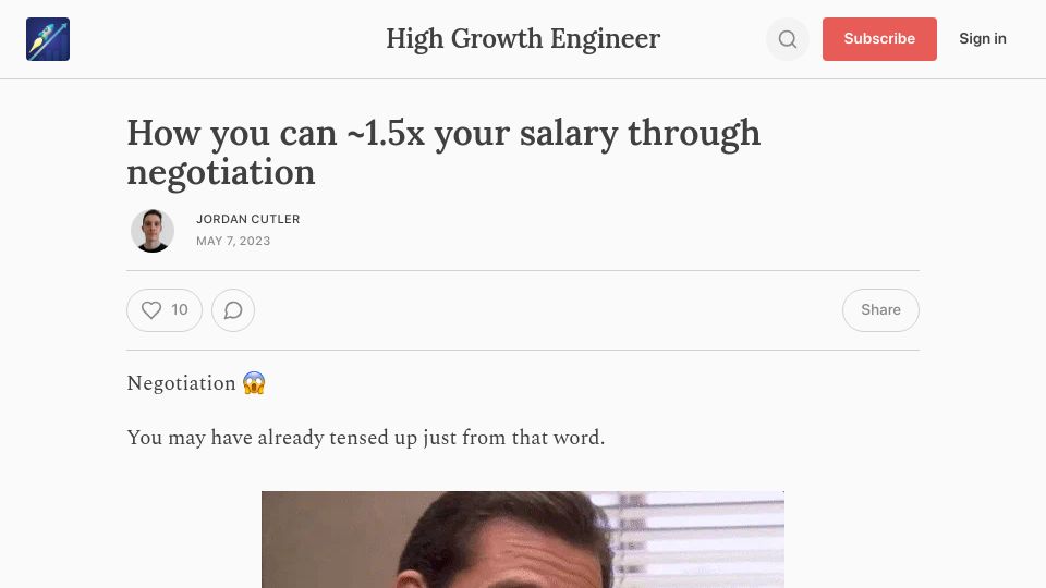 Screenshot of careercutler.substack.com: How to 1.5x your salary through negotiation