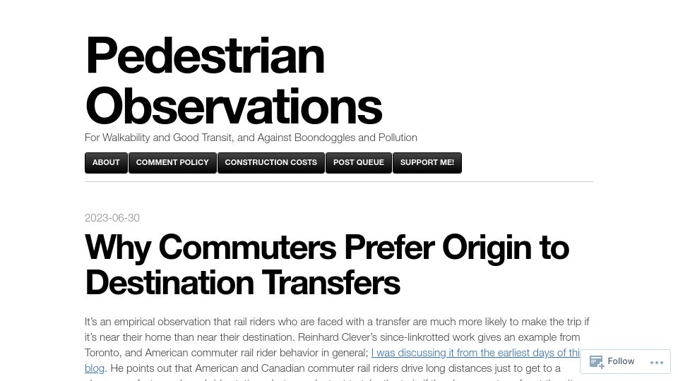 Screenshot of pedestrianobservations.com: Commuters prefer origin to destination transfers