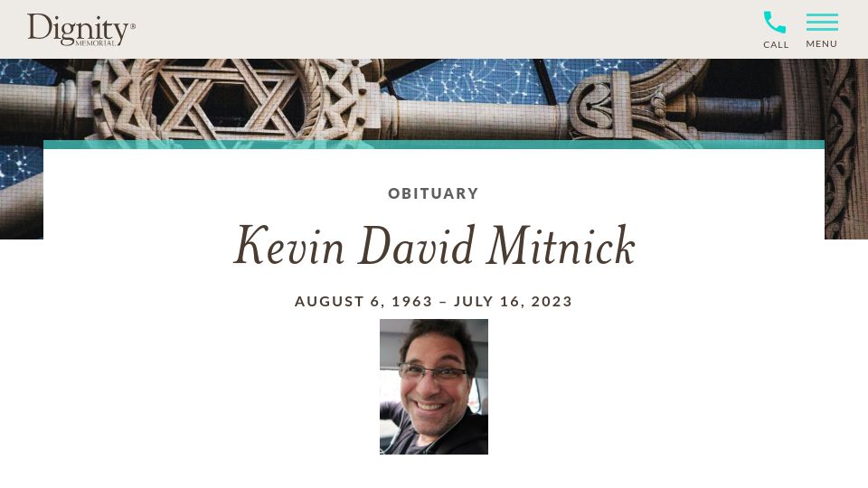 Screenshot of dignitymemorial.com: Kevin Mitnick has died