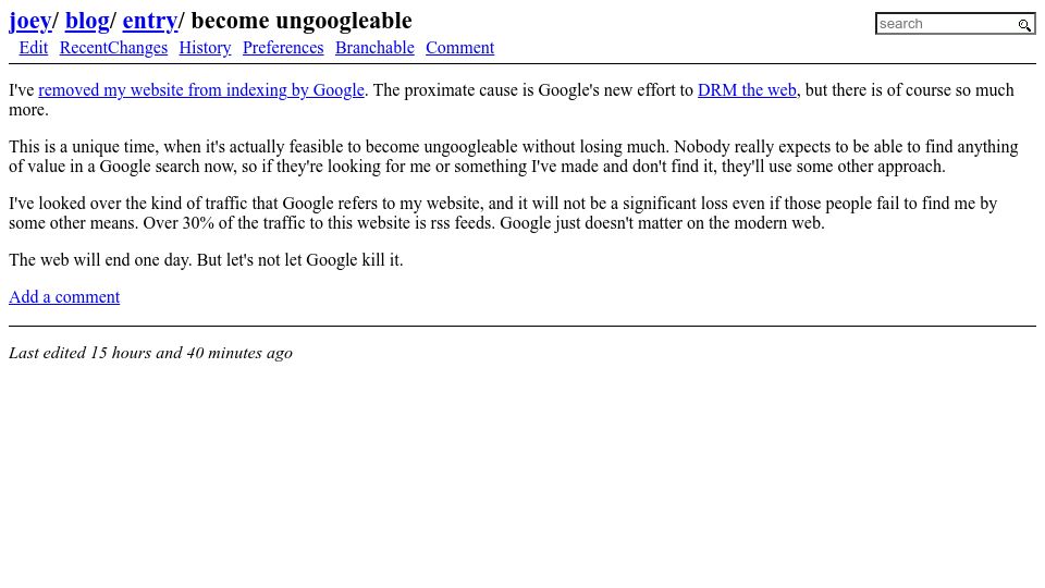 Screenshot of joeyh.name: Become Ungoogleable