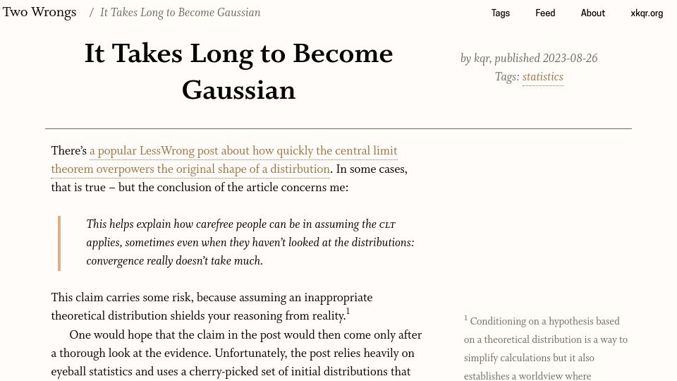 Screenshot of two-wrongs.com: It Takes Long to Become Gaussian